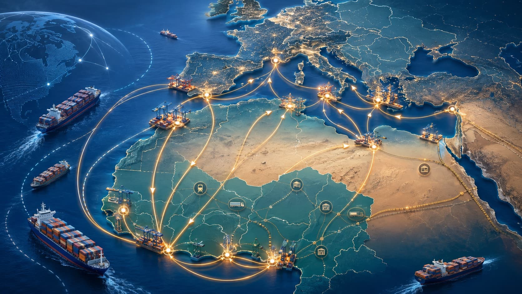 Illustration of trade corridors linking African and European ports, with shipping routes, rail and inland connections