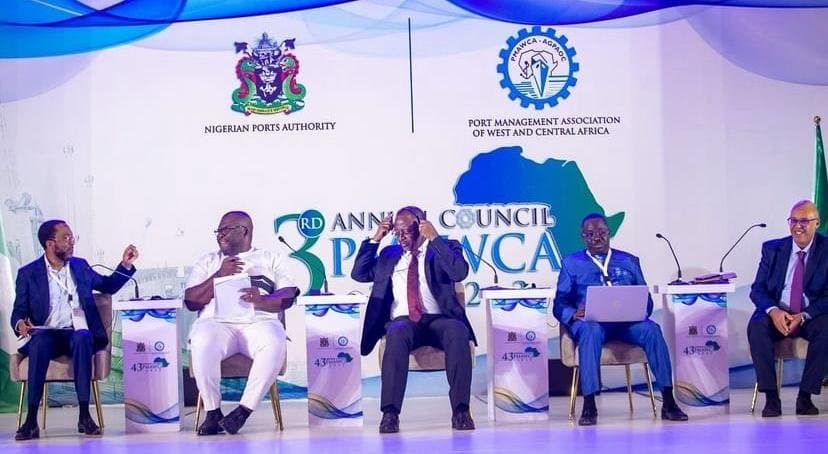 Panel of the 43rd Annual Council of the Port Management Association of West and Central Africa in Lagos, with Youssef Imghi seated at the right